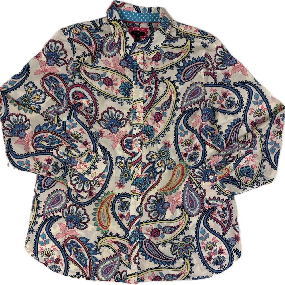 Talbots bright & bold 100% cotton paisley print long sleeve button down blouse